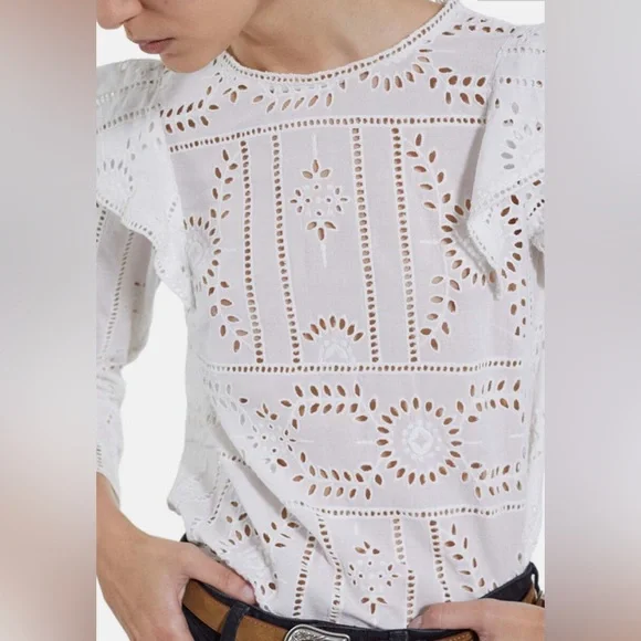 The Kooples White Cotton Ruffle Eyelet Top Size Medium - Picture 3 of 12